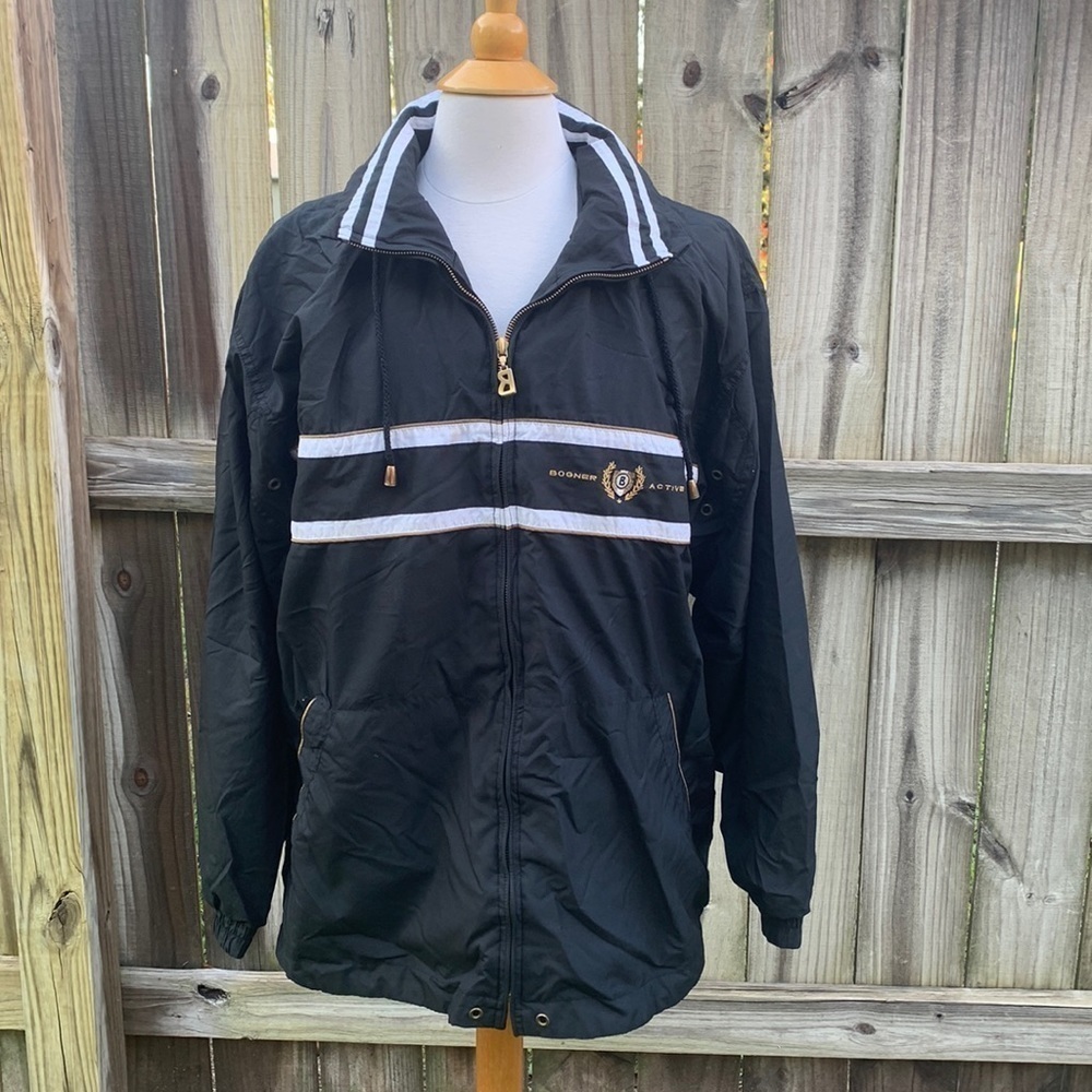 Bogner Black Windbreaker Jacket with White Stripes and Leopard Lined Hood - Picture 1 of 8